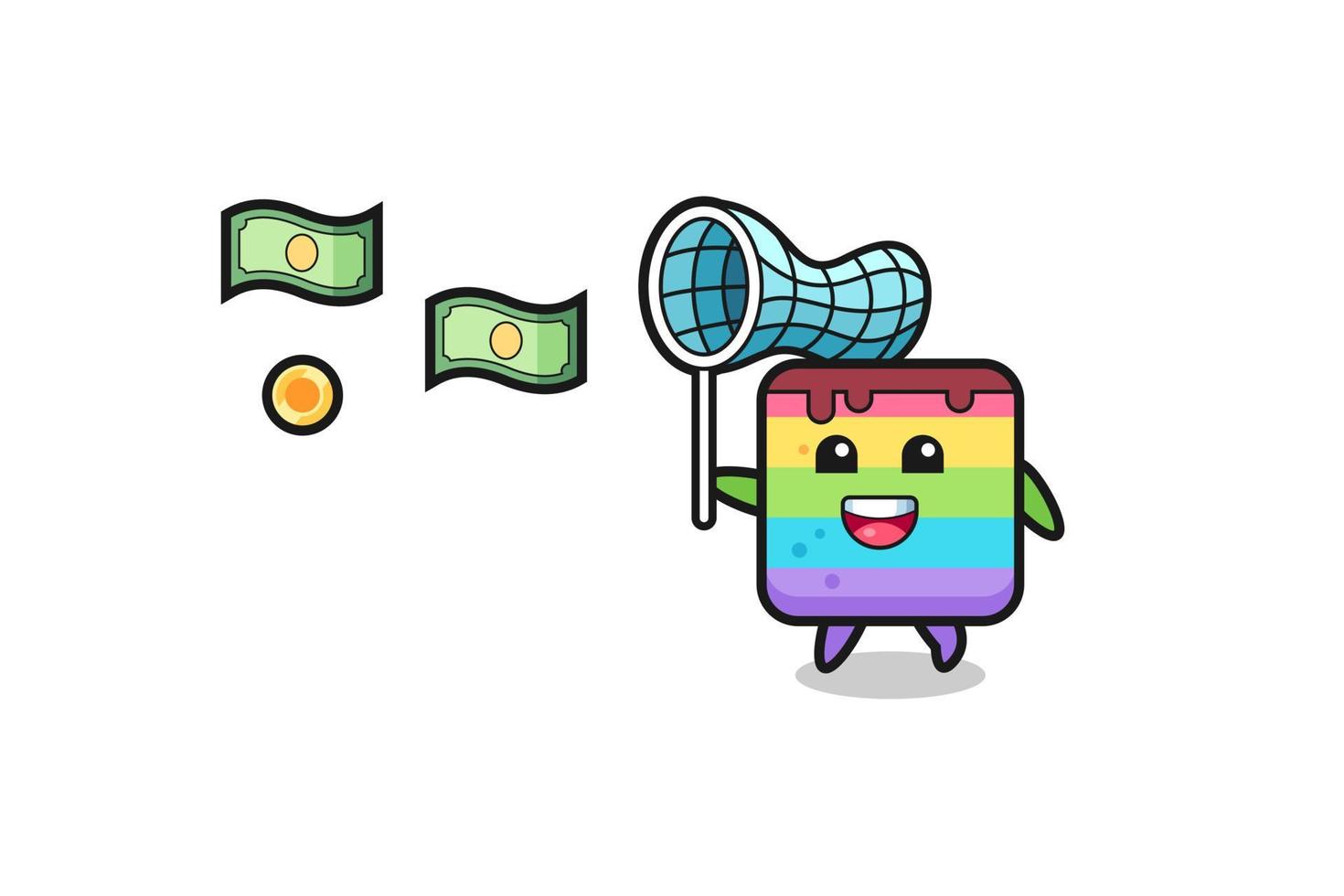 ilustración del pastel arcoiris atrapando dinero volador vector