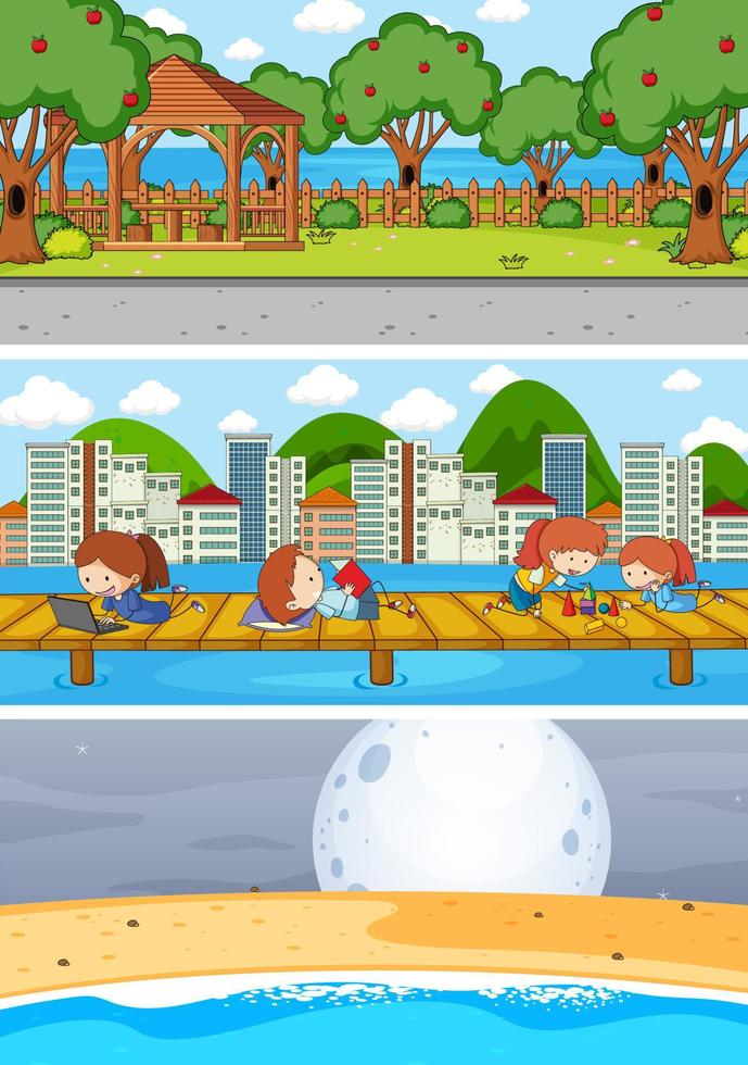 Set of different horizon scenes background with doodle kids cartoon character vector