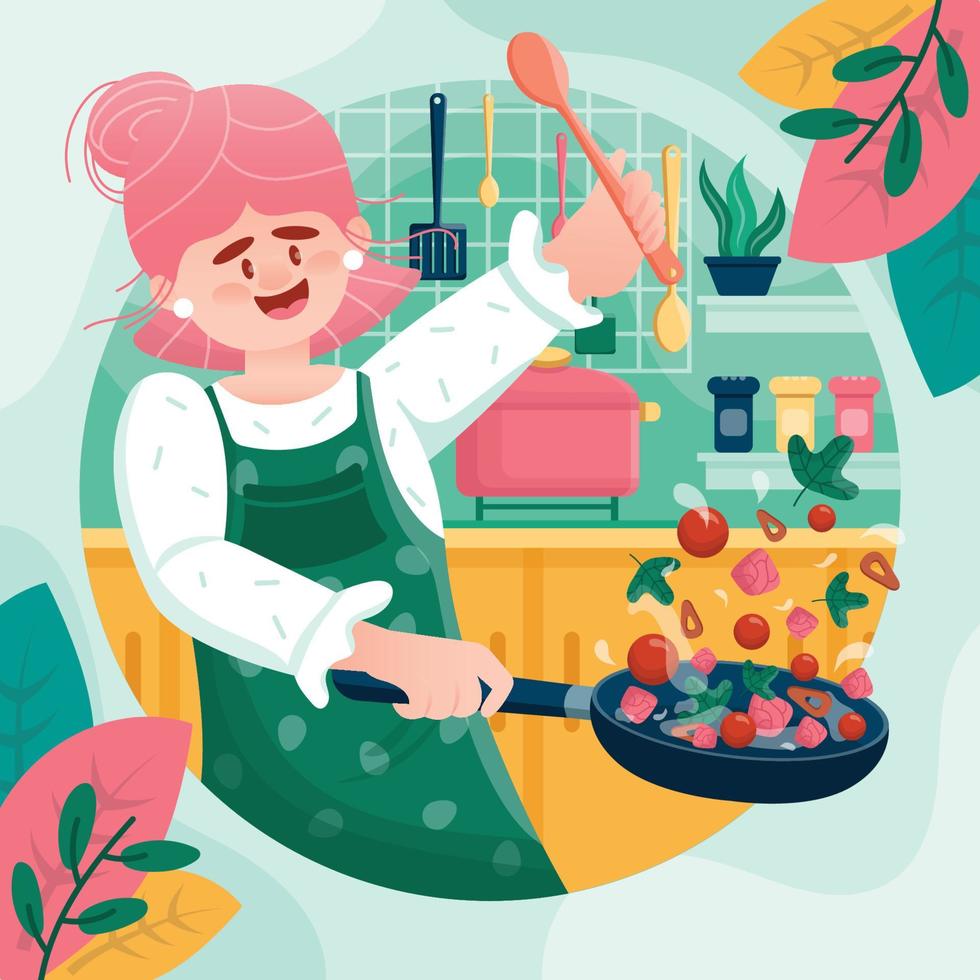 Woman Cooking in Kitchen Background Template vector