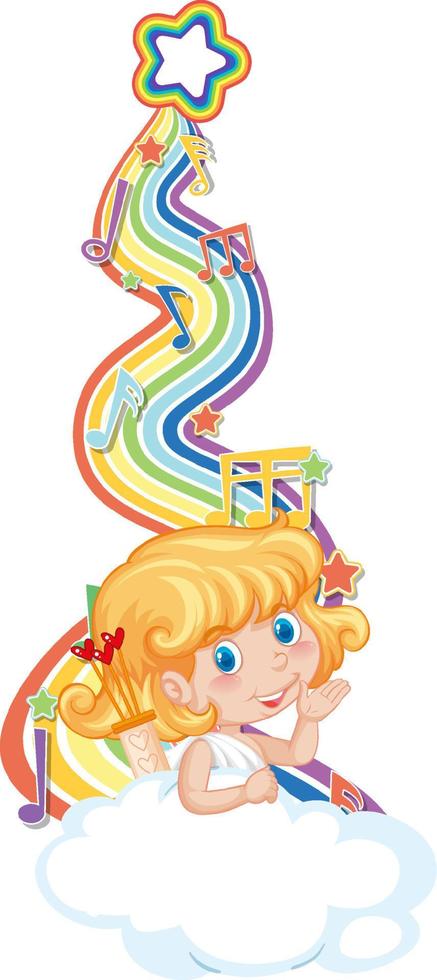 Cupid girl with melody symbols on rainbow wave vector