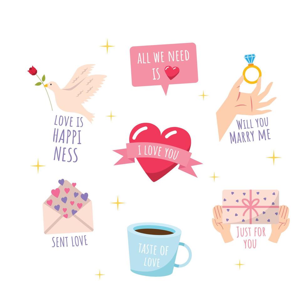 Set Of Cute Valentine Day Sticker Pack vector