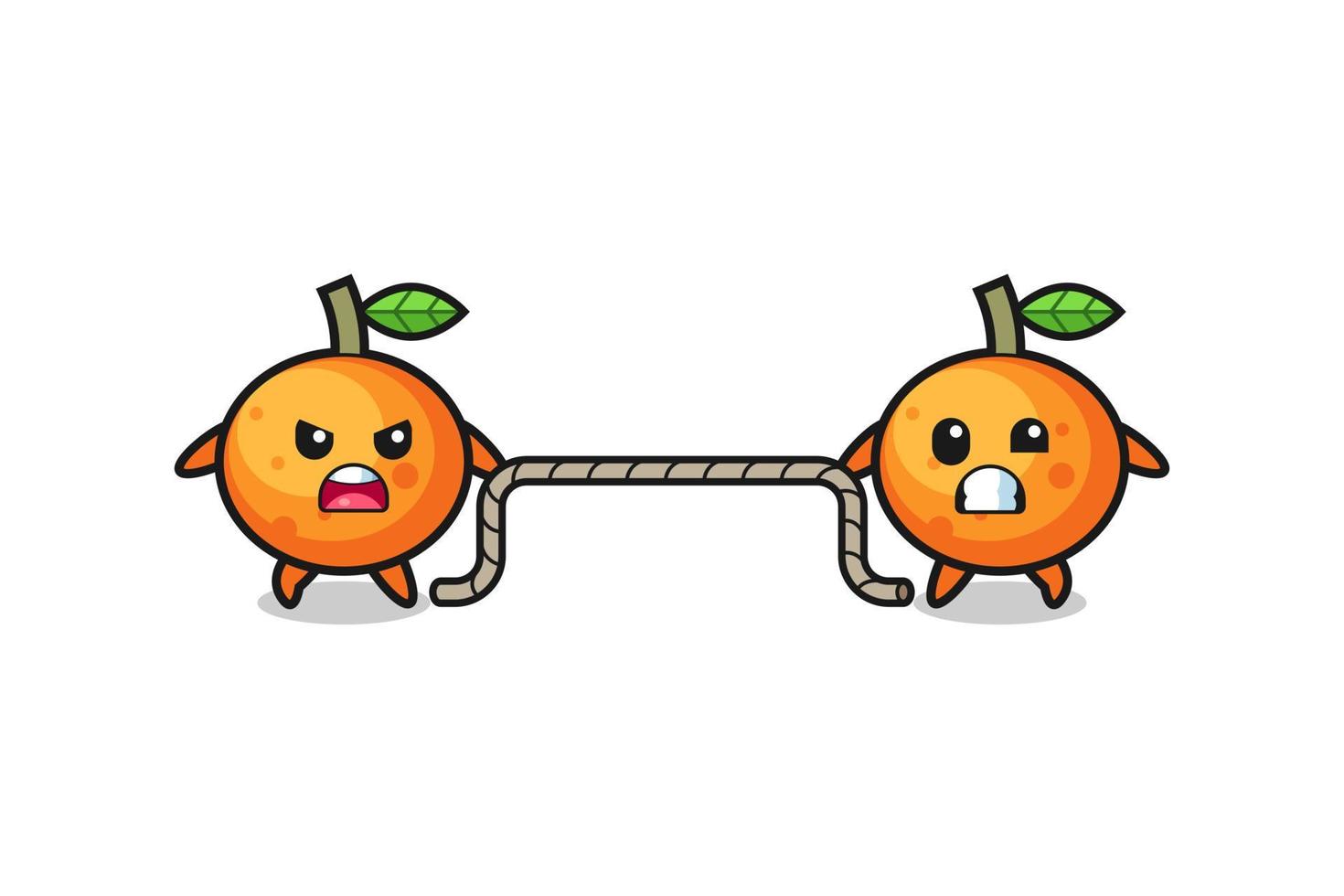cute mandarin orange character is playing tug of war game vector