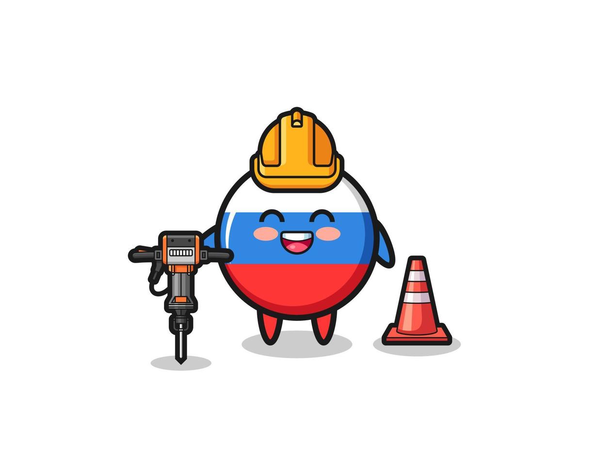 road worker mascot of russia flag holding drill machine vector