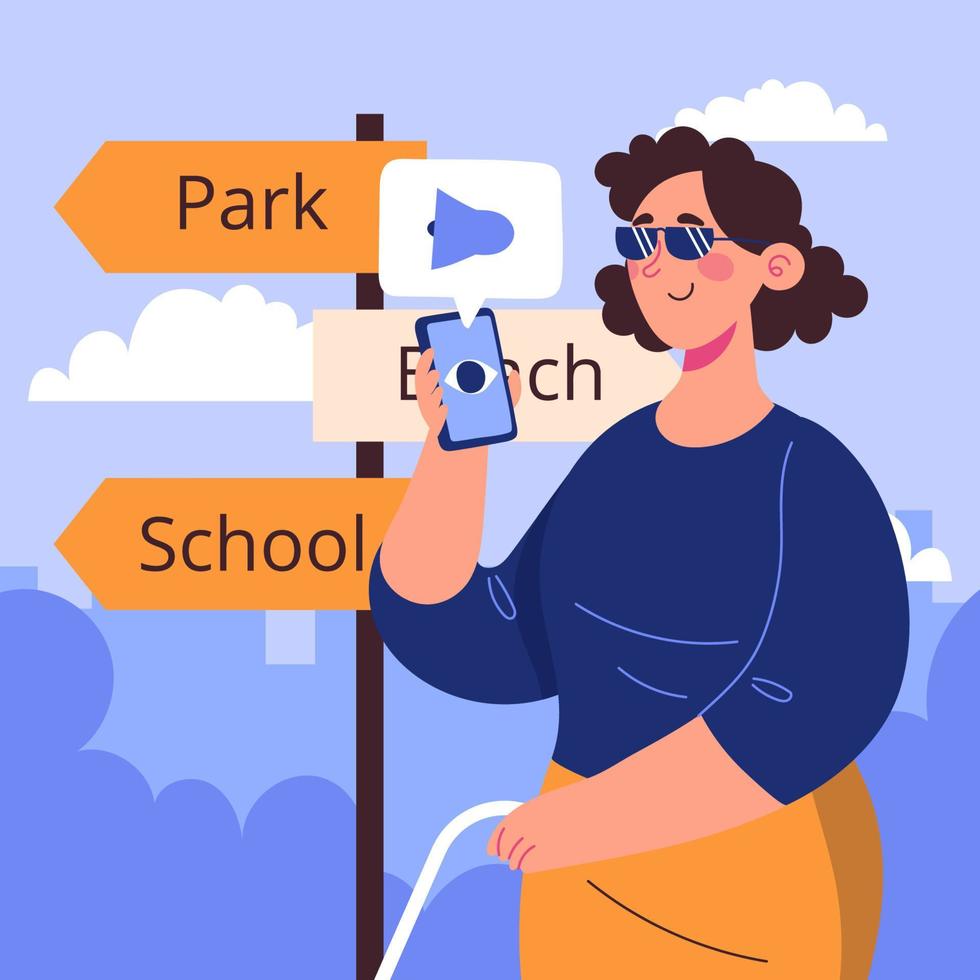 Blind Woman Using Assistance Mobile Apps vector
