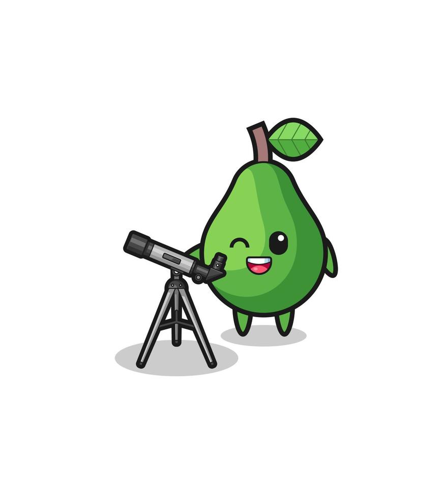 Mascota de astrónomo de aguacate con un telescopio moderno. vector