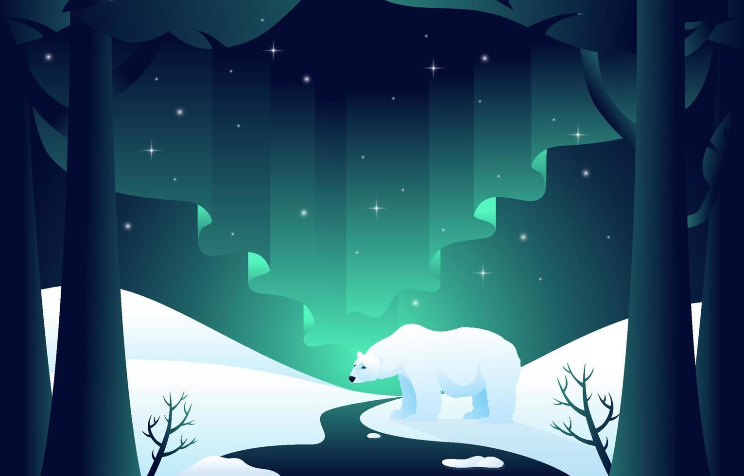 Polar Bear With Aurora Background vector