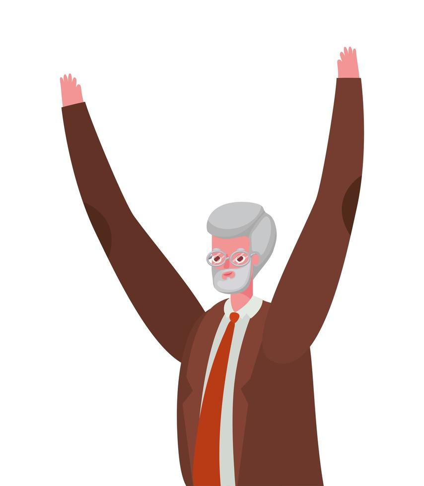 Senior man cartoon with suit glasses and hands up vector design