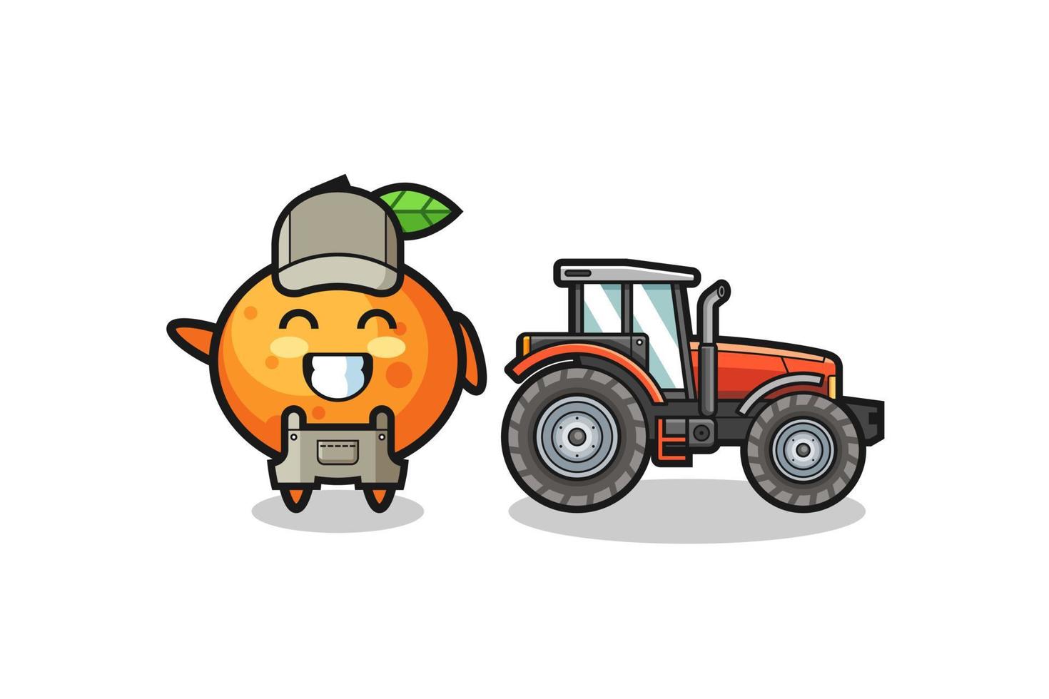 the mandarin orange farmer mascot standing beside a tractor vector