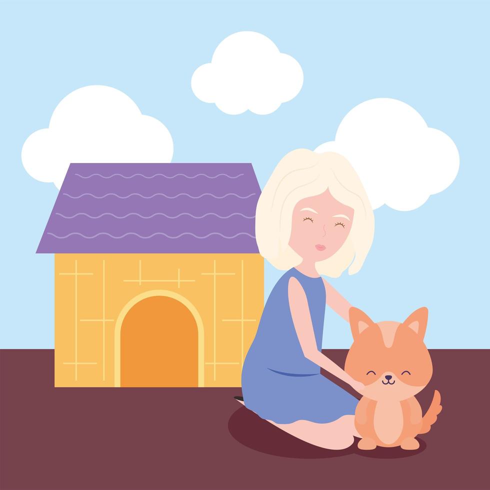 woman and puppy vector