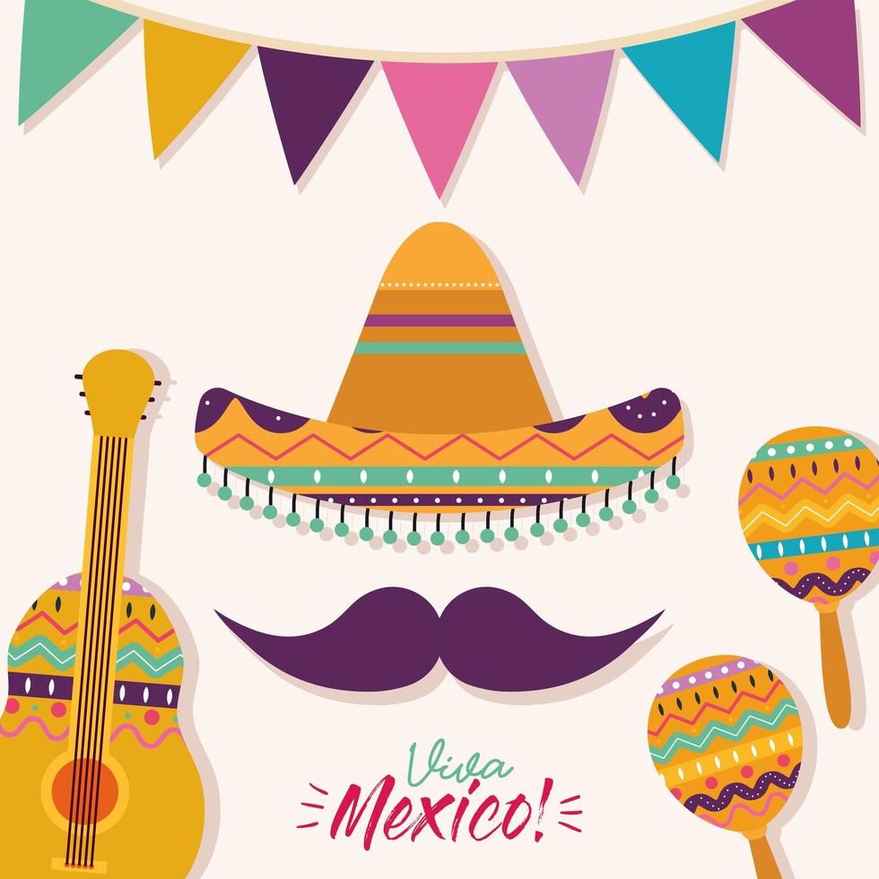 Mexican hat with mustache guitar and maracas vector design