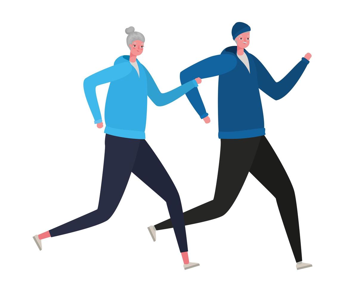 Dibujos animados de mujer y hombre senior con ropa deportiva corriendo diseño vectorial vector