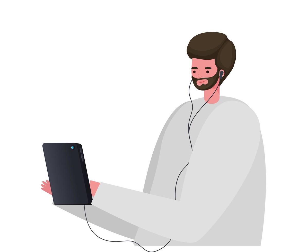 Dibujos animados de hombre de cabello castaño con diseño de vector de trabajo de tableta