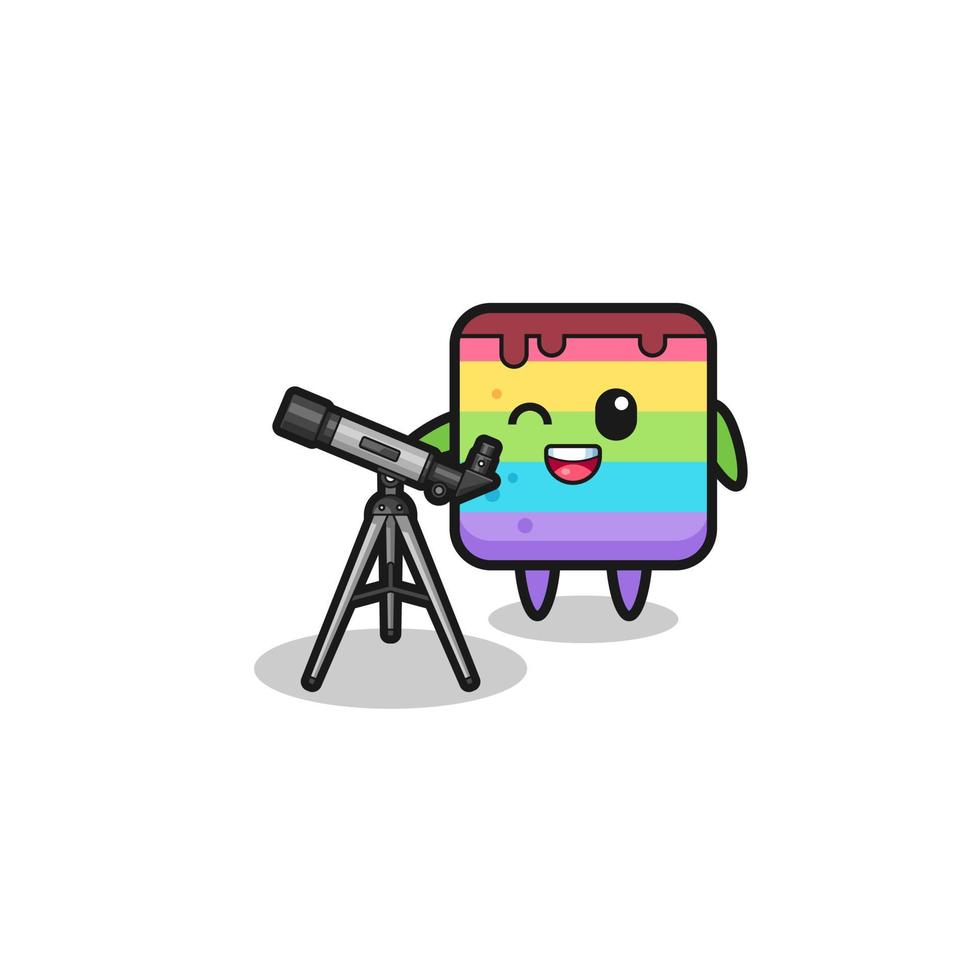 rainbow cake astronomer mascot with a modern telescope vector