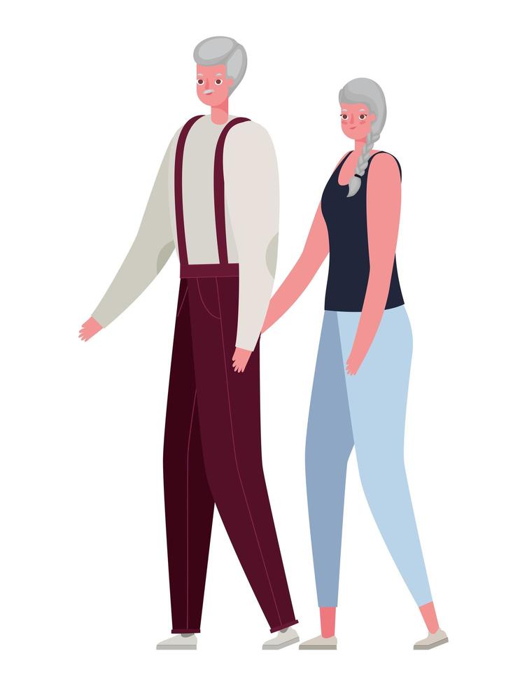 Senior woman and man cartoons holding hands vector design