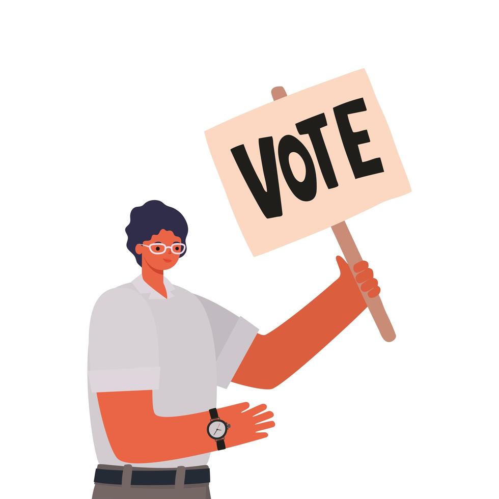 man with black hair, whithe shirt and a poster vote vector