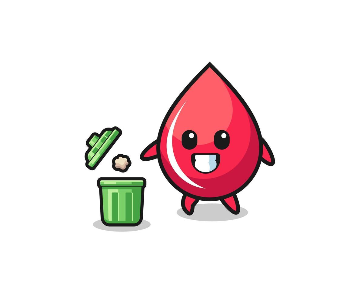 ilustración de la gota de sangre tirando basura en el bote de basura vector