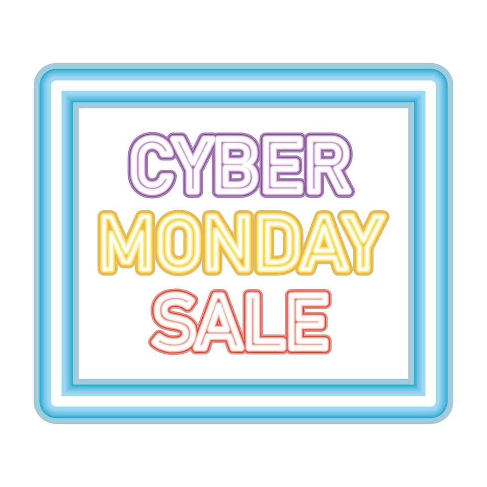 cyber monday sale lettering in neon font on a blue square vector