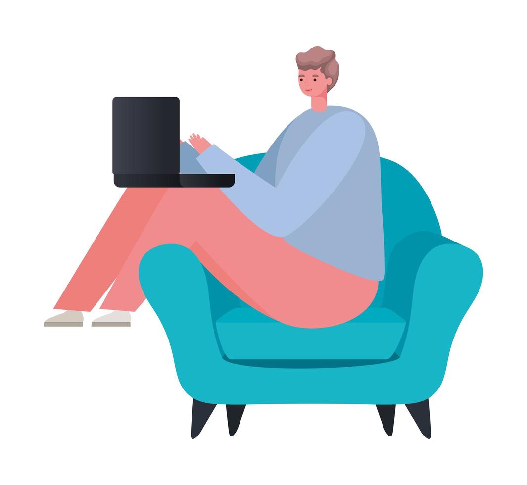 Man with laptop on chair working vector design