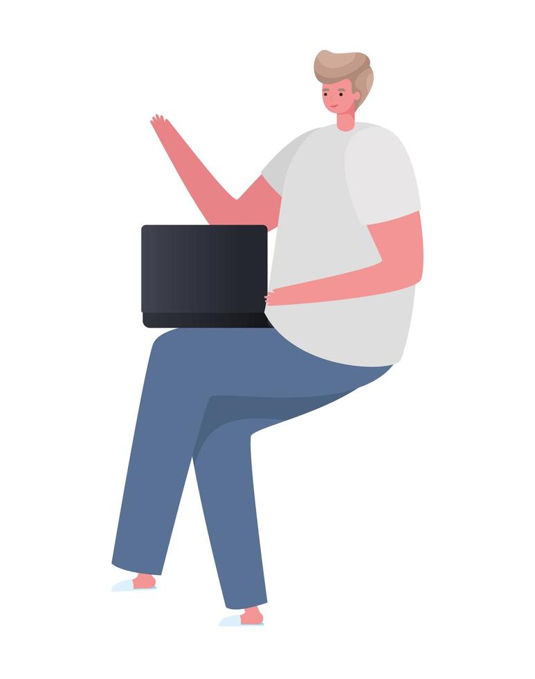 seated blond man with laptop working vector design