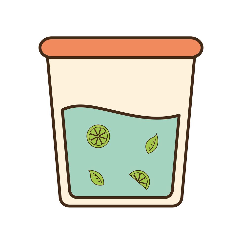 Vaso de té helado con limones y hojas de línea y diseño de vector de icono de estilo de relleno