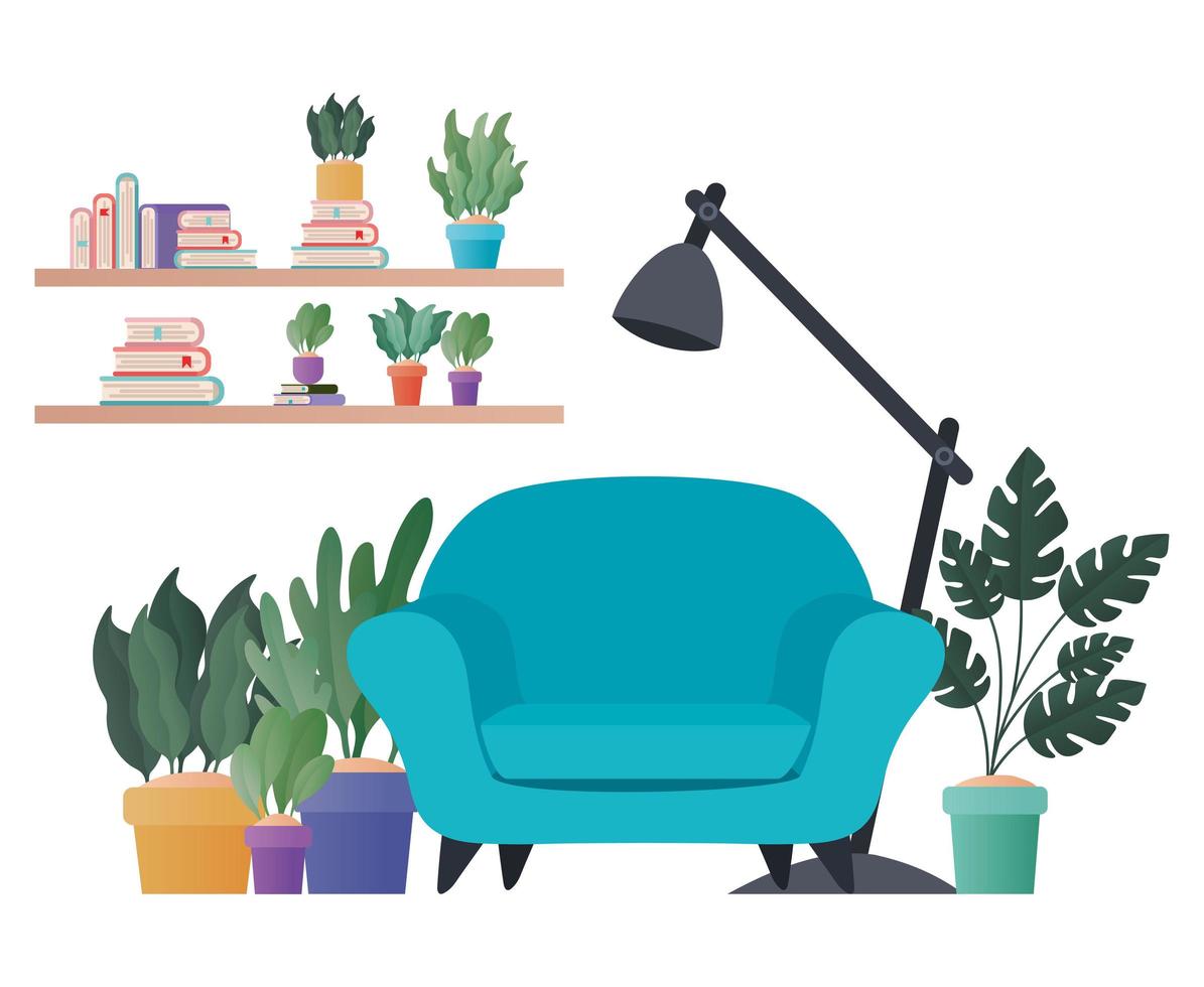 blue chair lamp and plants vector design