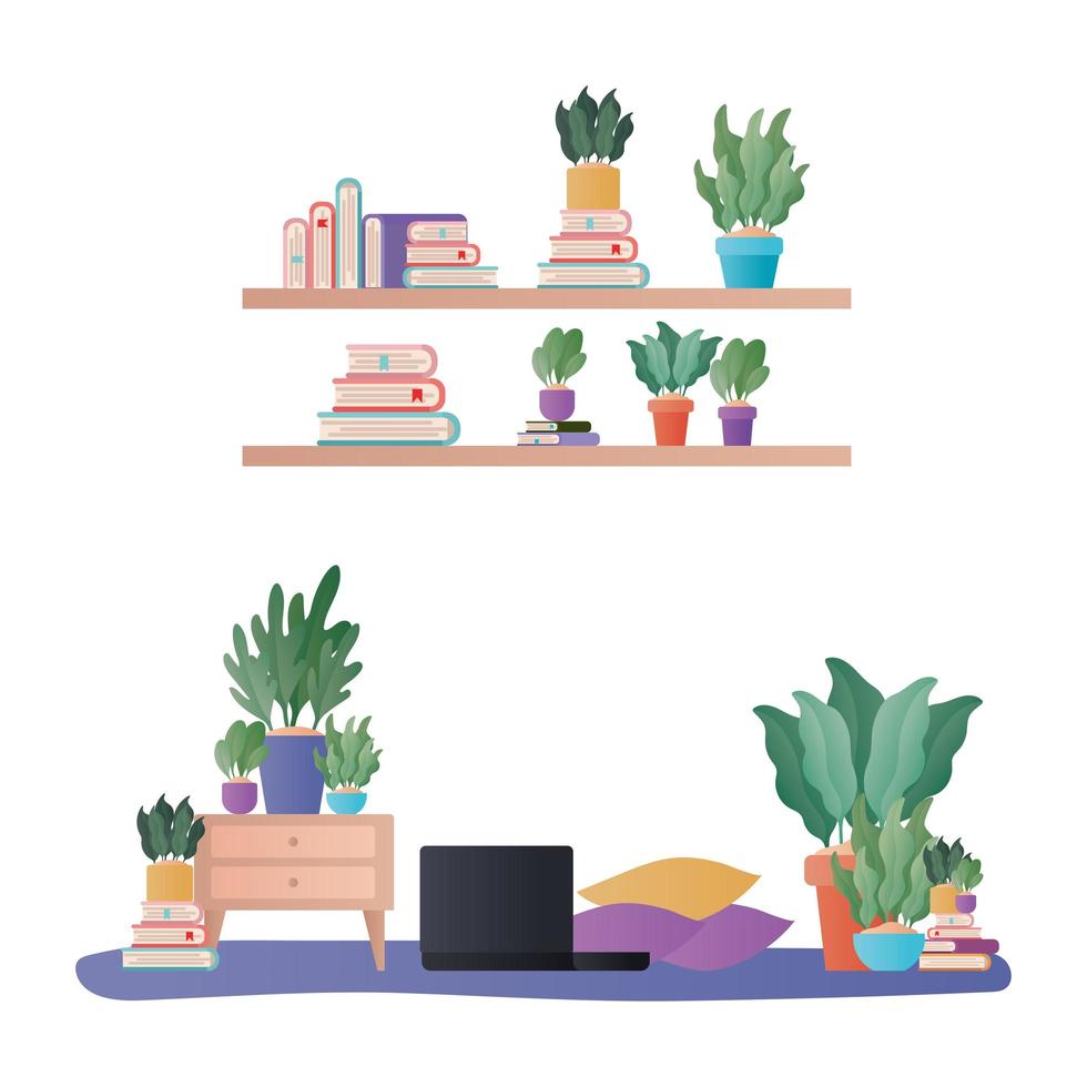 laptop cushions plants and books vector design