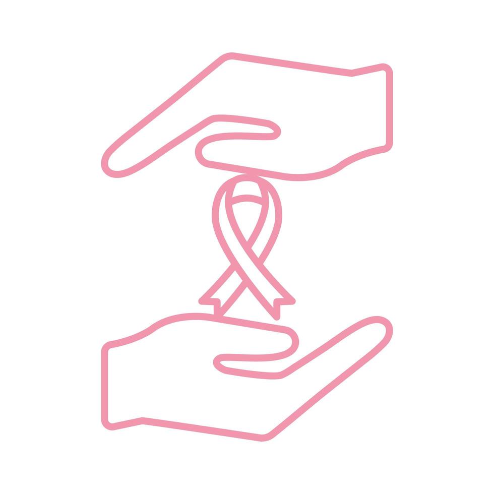 breast cancer ribbon between hands line style icon vector design