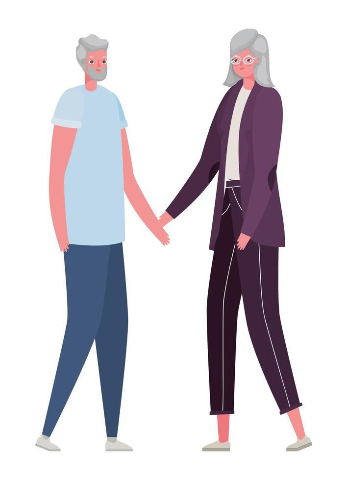 Senior woman and man cartoons holding hands vector design