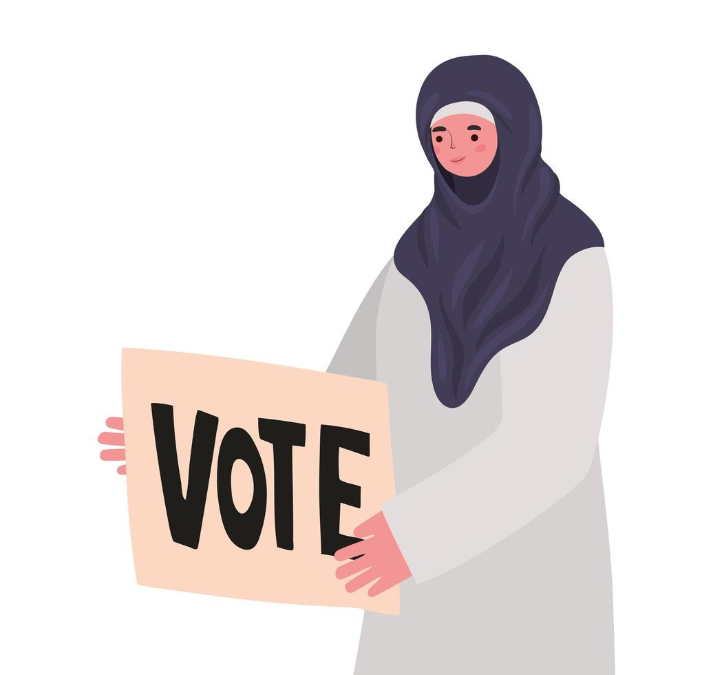 mujer vestida con hijab, vestido gris y cartel de voto vector