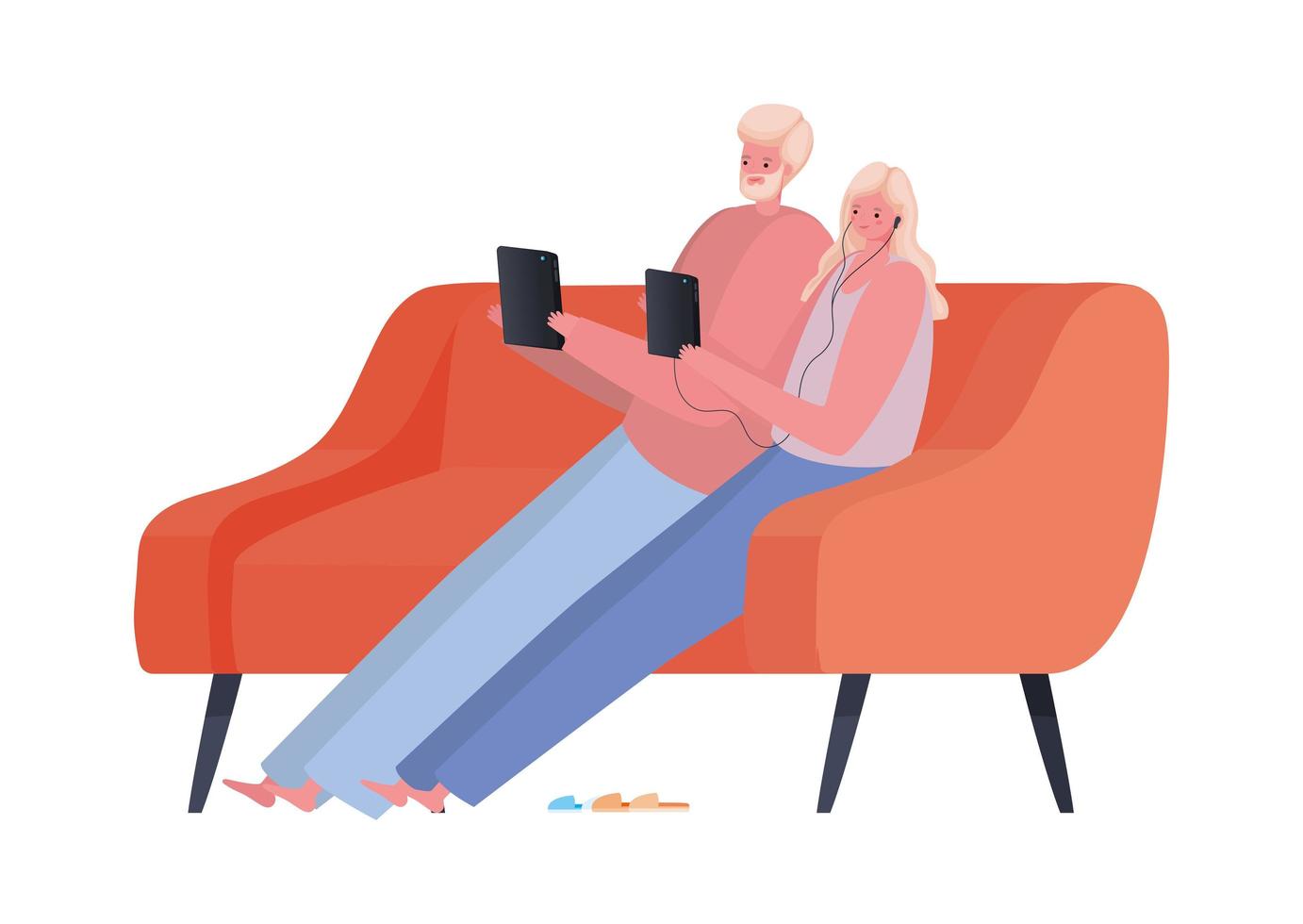 Man and woman with tablet on couch working vector design