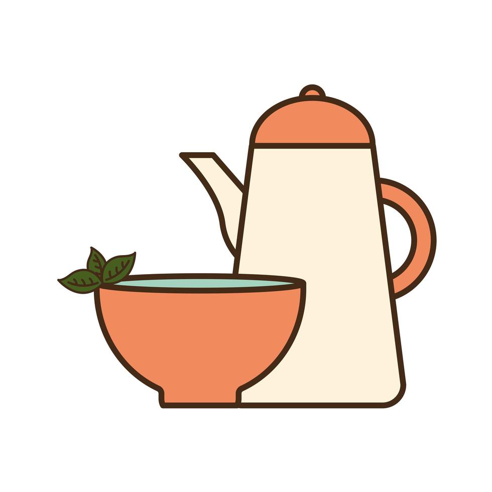 tea cup with leaves and kettle line and fill style icon vector design