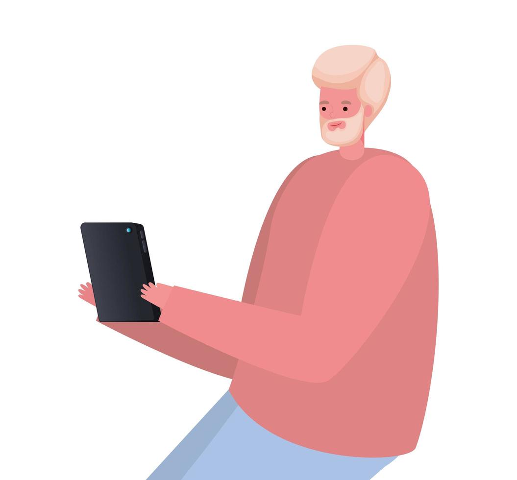 blond man cartoon with tablet working vector design