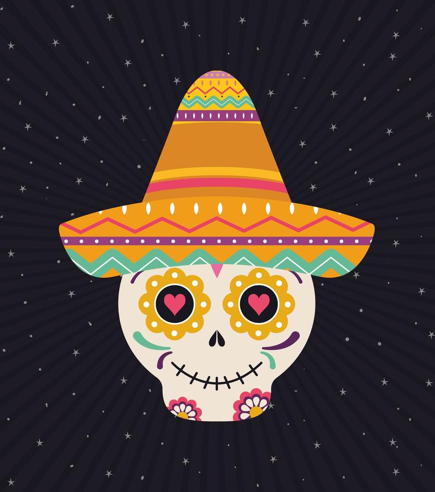 Cabeza de calavera mexicana con diseño de vector de sombrero