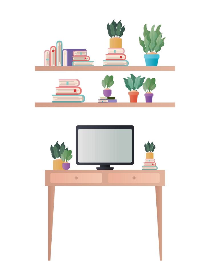 desk with computer and shelves with plants and books vector design