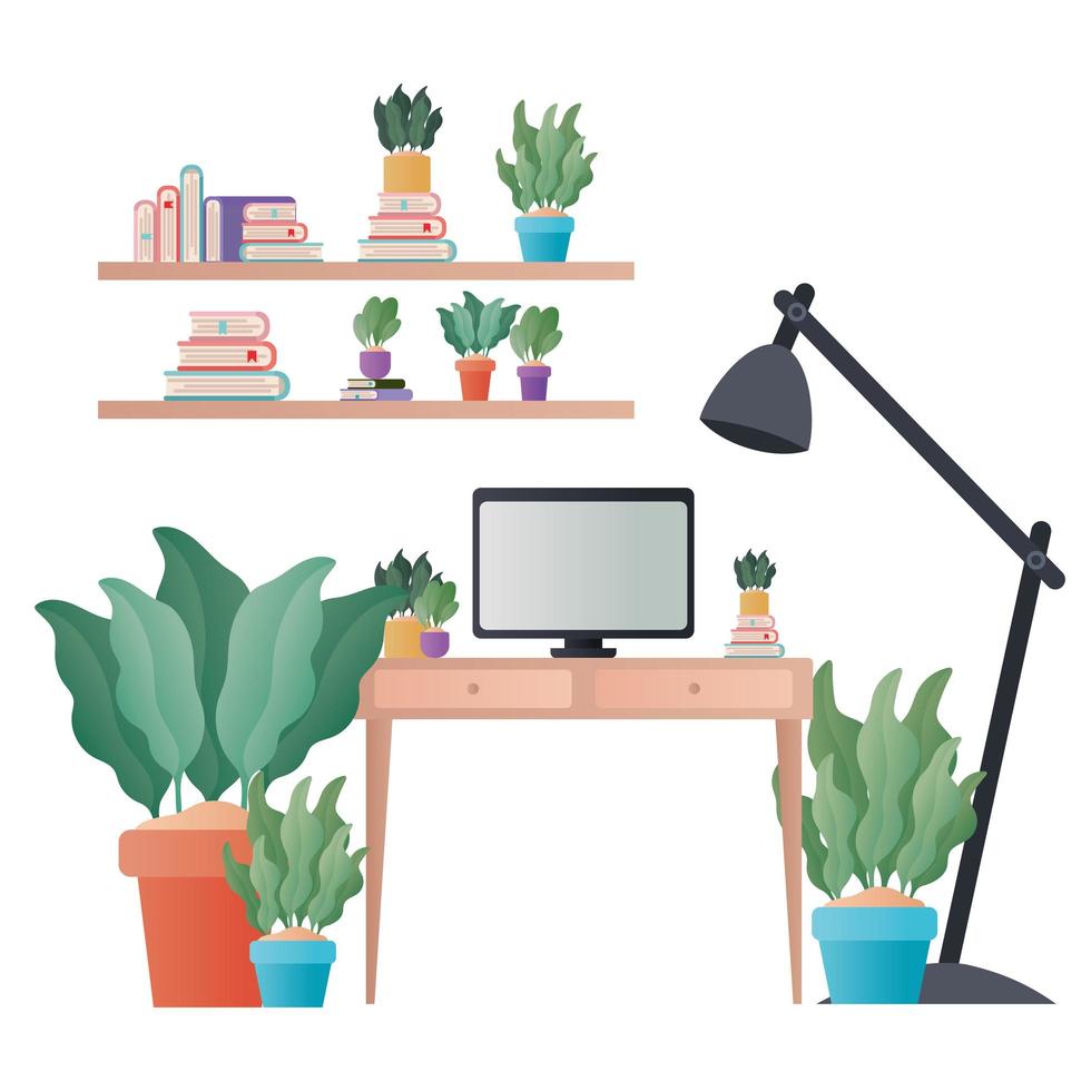 desk with computer lamp and plants vector design