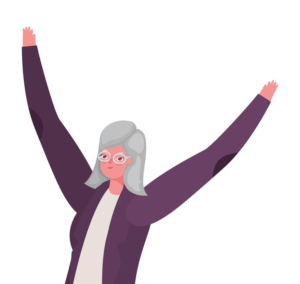 caricatura, mujer mayor, con, manos arriba, vector, diseño vector