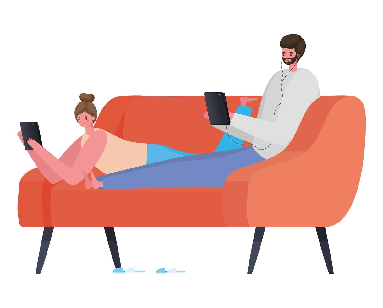 Man and woman with tablet on couch working vector design