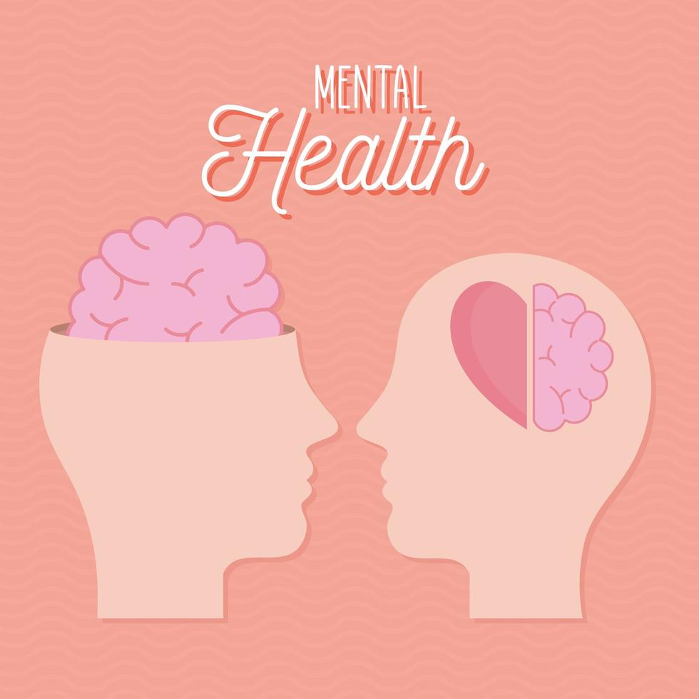 mental health with heads brain and heart vector design