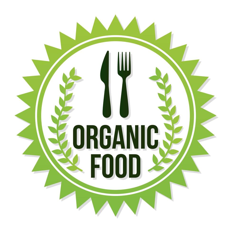 organic food letters with a fork and knife in the center on seal stamp vector