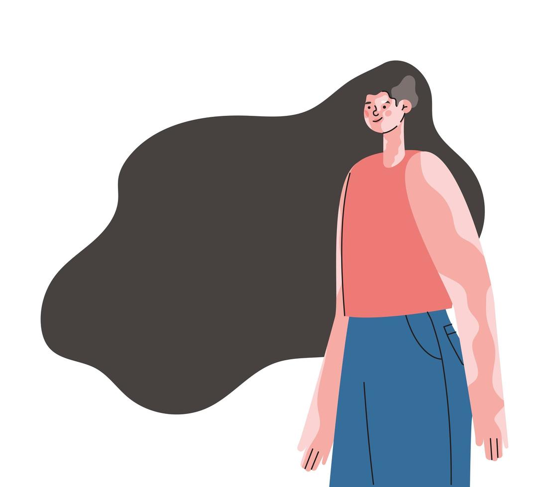 woman with vitiligo in salmon color shirt and blue jeans vector