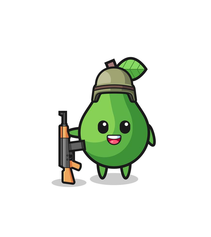 linda mascota de aguacate como soldado vector