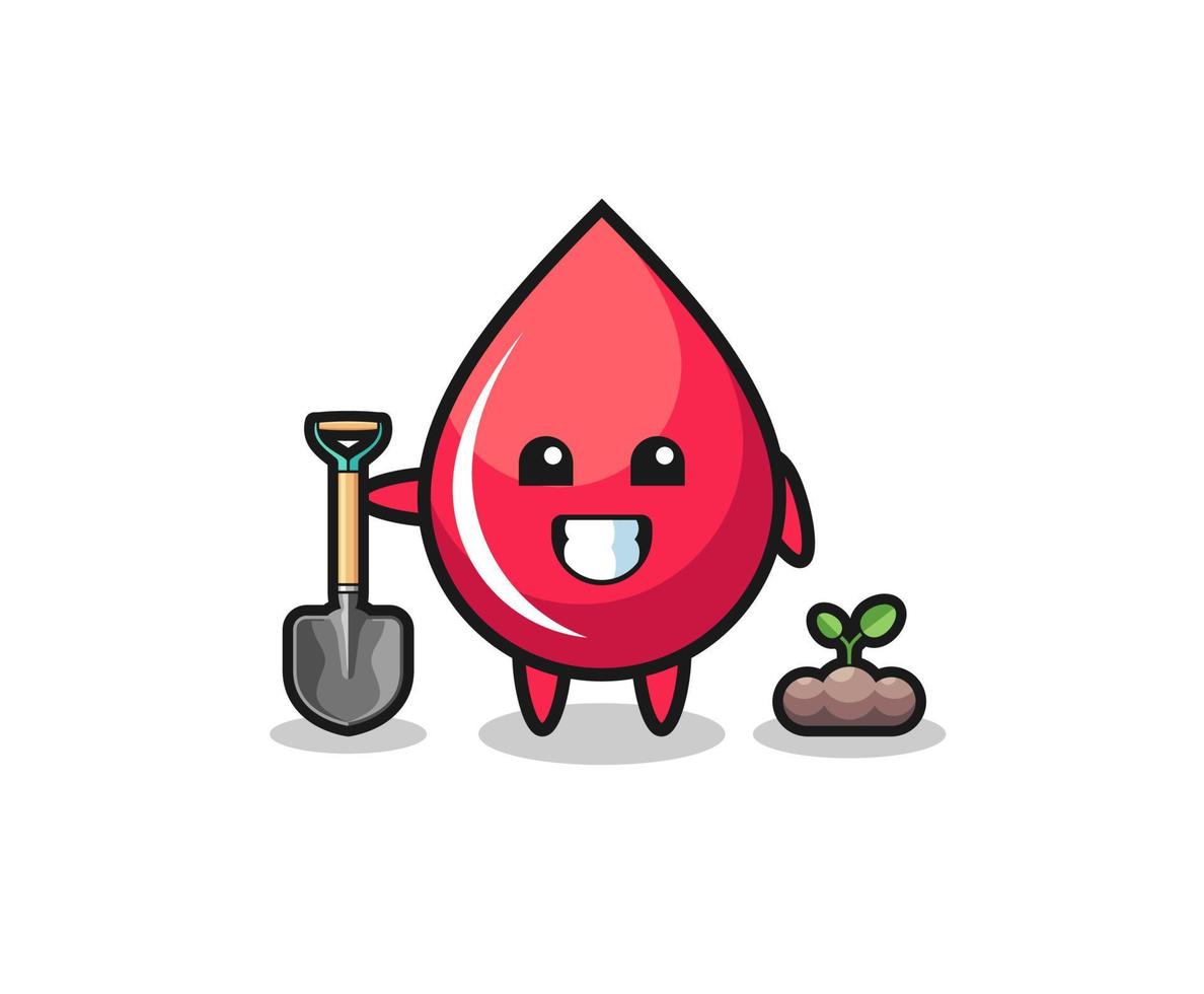 linda caricatura de gota de sangre está plantando una semilla de arbol vector