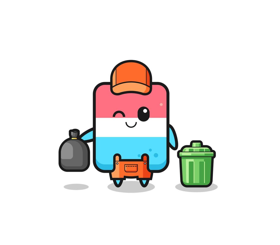 la mascota del lindo borrador como recolector de basura vector