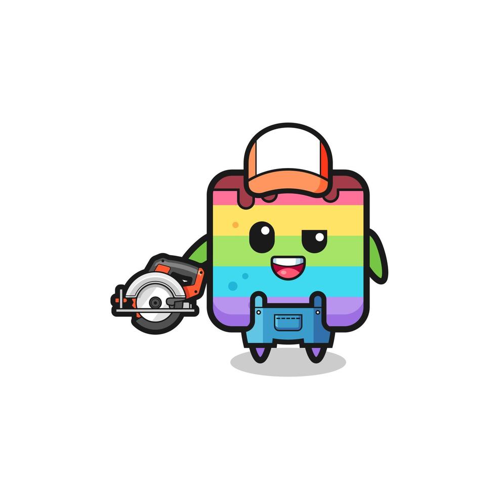 the woodworker rainbow cake mascot holding a circular saw vector