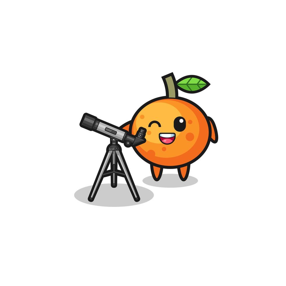 mandarin orange astronomer mascot with a modern telescope vector