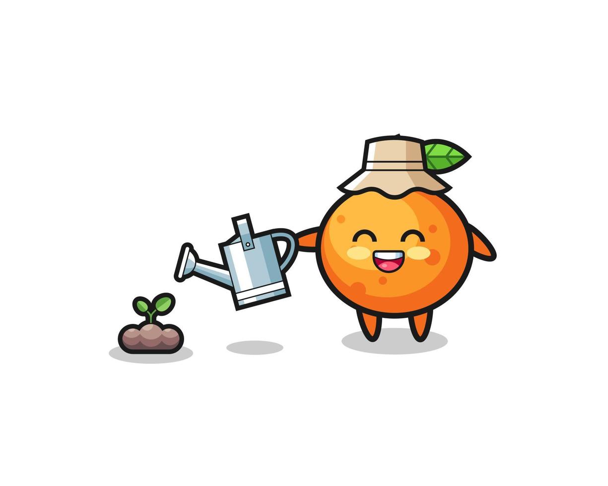 cute mandarin orange is watering plant seeds vector