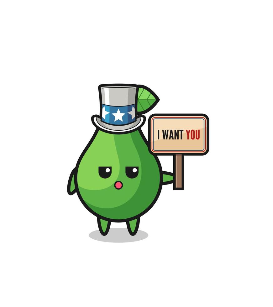 avocado cartoon as uncle Sam holding the banner I want you vector
