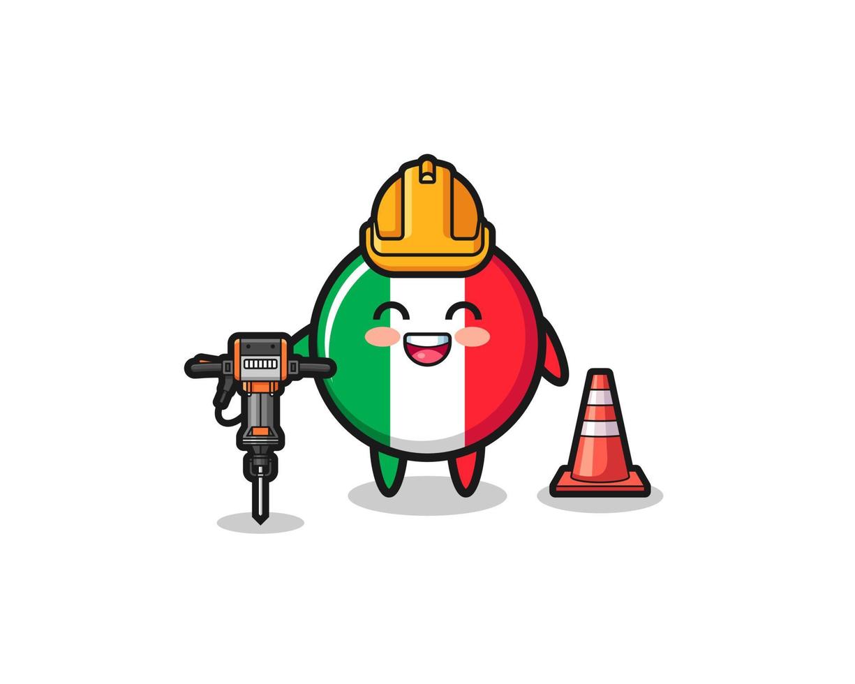 Mascota del trabajador de la carretera de la bandera de Italia sosteniendo la máquina perforadora vector