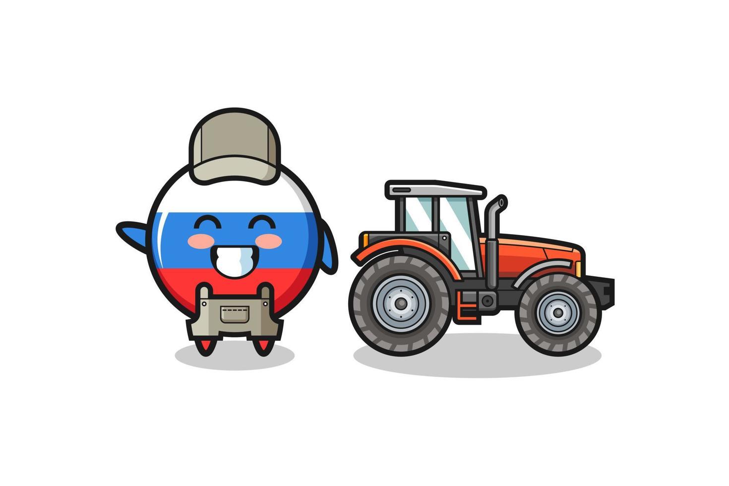 the russia flag farmer mascot standing beside a tractor vector