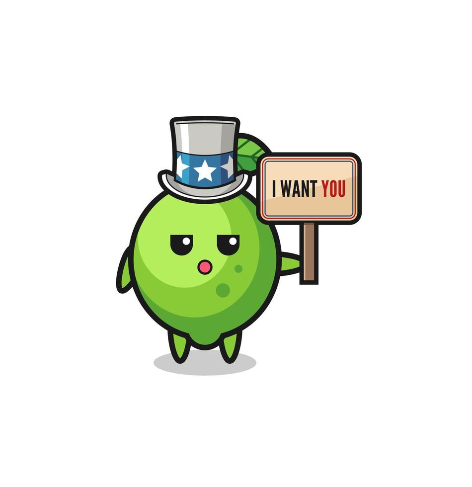 lime cartoon as uncle Sam holding the banner I want you vector